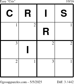 The grouppuzzles.com Easy Cris puzzle for Monday May 5, 2025 with the first 3 steps marked