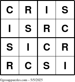 The grouppuzzles.com Answer grid for the Cris puzzle for Monday May 5, 2025