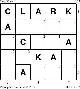 The grouppuzzles.com Easy Clark puzzle for Monday May 5, 2025 with all 3 steps marked