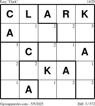 The grouppuzzles.com Easy Clark puzzle for Monday May 5, 2025 with the first 3 steps marked