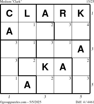The grouppuzzles.com Medium Clark puzzle for Monday May 5, 2025 with all 4 steps marked
