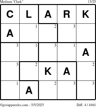 The grouppuzzles.com Medium Clark puzzle for Monday May 5, 2025 with the first 3 steps marked
