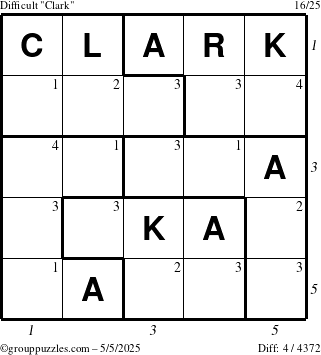 The grouppuzzles.com Difficult Clark puzzle for Monday May 5, 2025 with all 4 steps marked