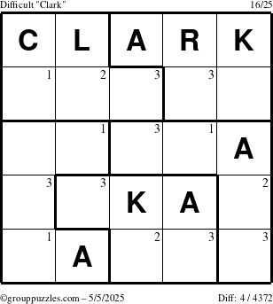 The grouppuzzles.com Difficult Clark puzzle for Monday May 5, 2025 with the first 3 steps marked