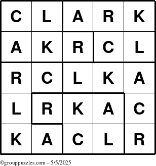 The grouppuzzles.com Answer grid for the Clark puzzle for Monday May 5, 2025