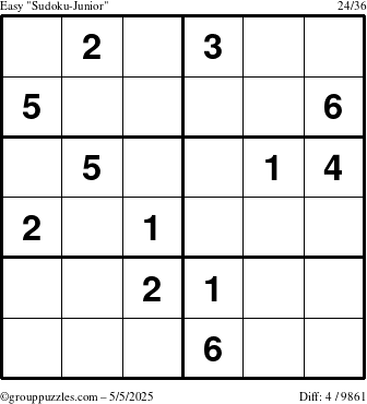 The grouppuzzles.com Easy Sudoku-Junior puzzle for Monday May 5, 2025