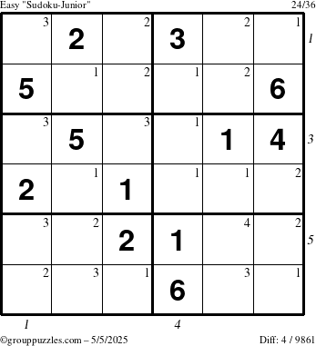 The grouppuzzles.com Easy Sudoku-Junior puzzle for Monday May 5, 2025 with all 4 steps marked