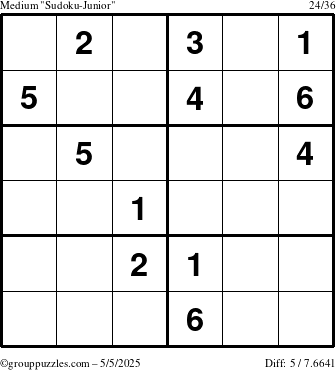 The grouppuzzles.com Medium Sudoku-Junior puzzle for Monday May 5, 2025