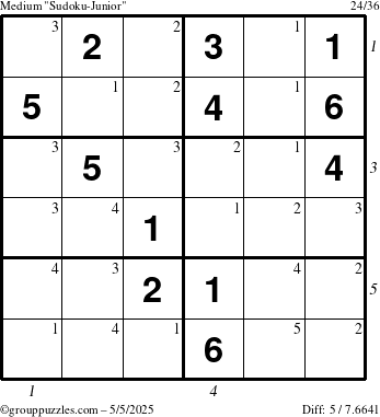 The grouppuzzles.com Medium Sudoku-Junior puzzle for Monday May 5, 2025 with all 5 steps marked