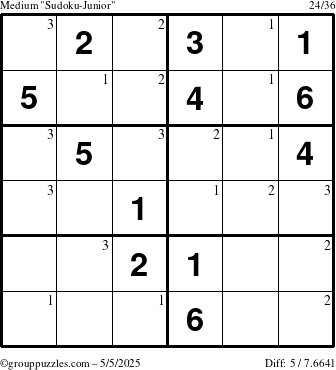 The grouppuzzles.com Medium Sudoku-Junior puzzle for Monday May 5, 2025 with the first 3 steps marked