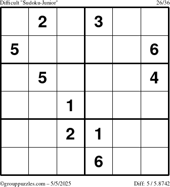 The grouppuzzles.com Difficult Sudoku-Junior puzzle for Monday May 5, 2025