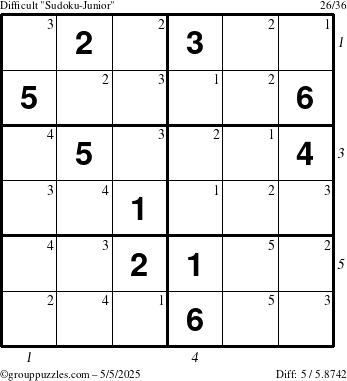 The grouppuzzles.com Difficult Sudoku-Junior puzzle for Monday May 5, 2025 with all 5 steps marked