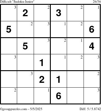 The grouppuzzles.com Difficult Sudoku-Junior puzzle for Monday May 5, 2025 with the first 3 steps marked