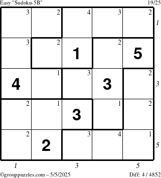 The grouppuzzles.com Easy Sudoku-5B puzzle for Monday May 5, 2025 with all 4 steps marked