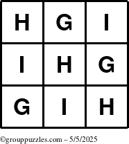 The grouppuzzles.com Answer grid for the TicTac-GHI puzzle for Monday May 5, 2025