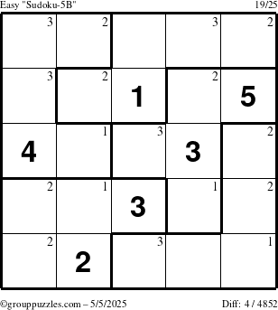 The grouppuzzles.com Easy Sudoku-5B puzzle for Monday May 5, 2025 with the first 3 steps marked