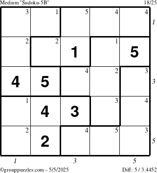 The grouppuzzles.com Medium Sudoku-5B puzzle for Monday May 5, 2025 with all 5 steps marked