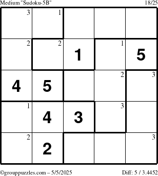 The grouppuzzles.com Medium Sudoku-5B puzzle for Monday May 5, 2025 with the first 3 steps marked
