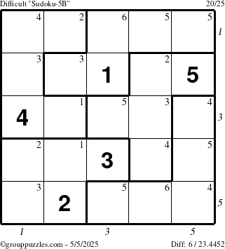 The grouppuzzles.com Difficult Sudoku-5B puzzle for Monday May 5, 2025 with all 6 steps marked
