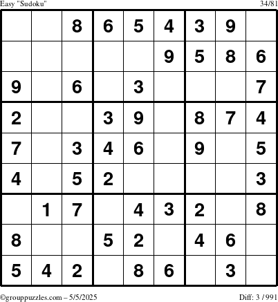 The grouppuzzles.com Easy Sudoku puzzle for Monday May 5, 2025
