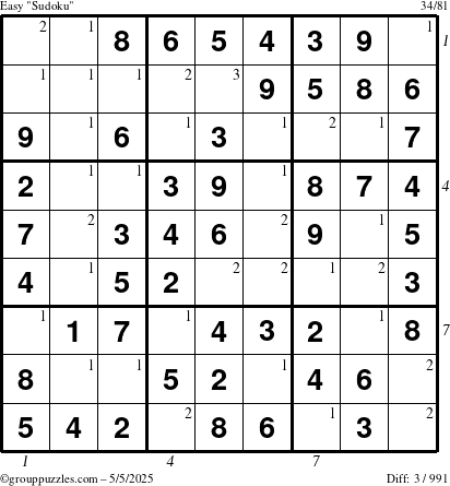 The grouppuzzles.com Easy Sudoku puzzle for Monday May 5, 2025 with all 3 steps marked