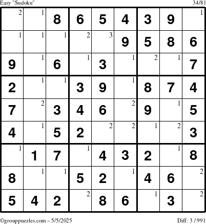 The grouppuzzles.com Easy Sudoku puzzle for Monday May 5, 2025 with the first 3 steps marked