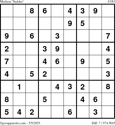 The grouppuzzles.com Medium Sudoku puzzle for Monday May 5, 2025