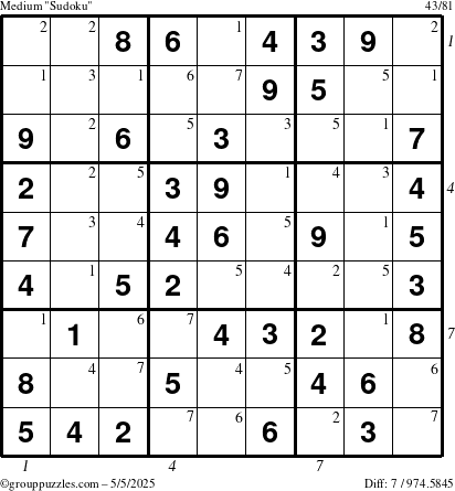 The grouppuzzles.com Medium Sudoku puzzle for Monday May 5, 2025, suitable for printing, with all 7 steps marked