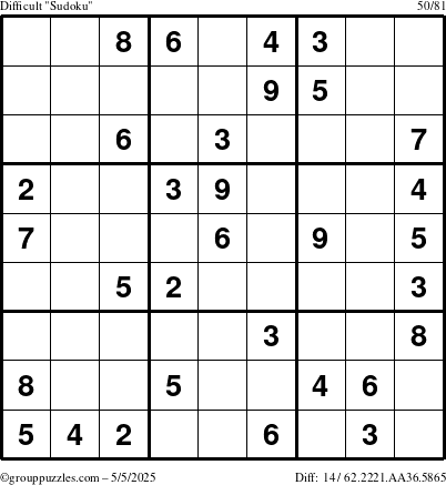 The grouppuzzles.com Difficult Sudoku puzzle for Monday May 5, 2025