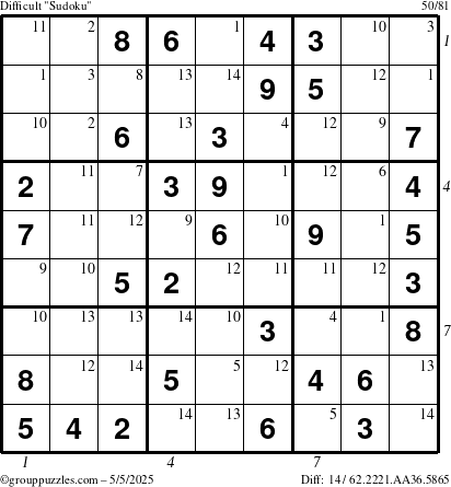 The grouppuzzles.com Difficult Sudoku puzzle for Monday May 5, 2025 with all 14 steps marked