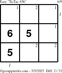 The grouppuzzles.com Easy TicTac-456 puzzle for Monday May 5, 2025 with all 2 steps marked