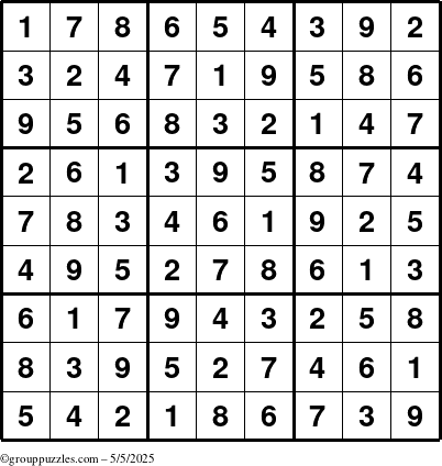 The grouppuzzles.com Answer grid for the Sudoku puzzle for Monday May 5, 2025