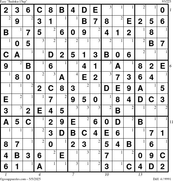 The grouppuzzles.com Easy Sudoku-15up puzzle for Monday May 5, 2025, suitable for printing, with all 4 steps marked