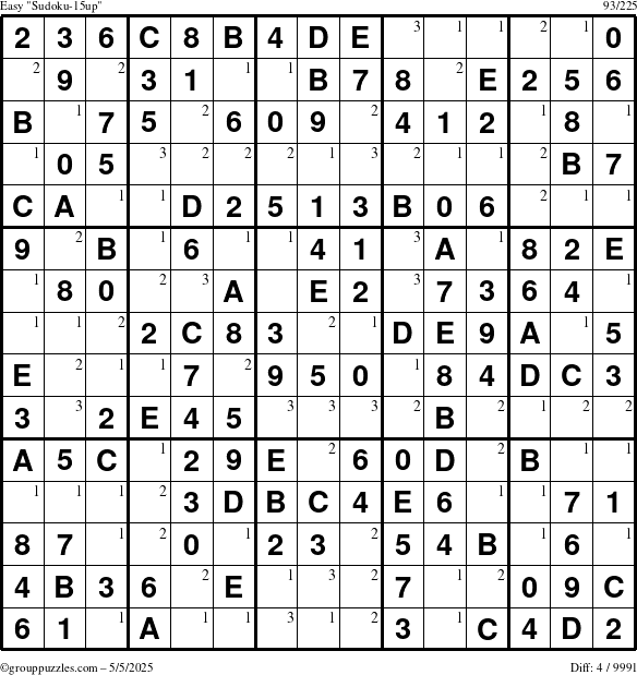 The grouppuzzles.com Easy Sudoku-15up puzzle for Monday May 5, 2025 with the first 3 steps marked