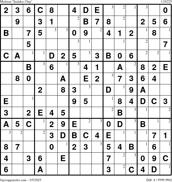 The grouppuzzles.com Medium Sudoku-15up puzzle for Monday May 5, 2025 with the first 3 steps marked