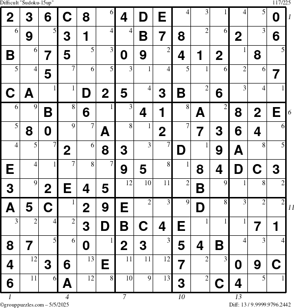 The grouppuzzles.com Difficult Sudoku-15up puzzle for Monday May 5, 2025 with all 13 steps marked