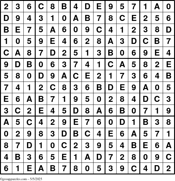 The grouppuzzles.com Answer grid for the Sudoku-15up puzzle for Monday May 5, 2025