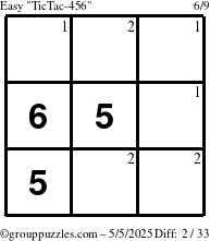 The grouppuzzles.com Easy TicTac-456 puzzle for Monday May 5, 2025 with the first 2 steps marked