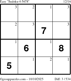 The grouppuzzles.com Easy Sudoku-4-5678 puzzle for Friday October 10, 2025 with the first 3 steps marked