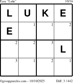 The grouppuzzles.com Easy Luke puzzle for Friday October 10, 2025 with the first 3 steps marked