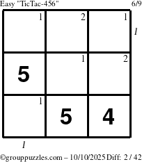 The grouppuzzles.com Easy TicTac-456 puzzle for Friday October 10, 2025 with all 2 steps marked