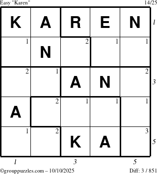 The grouppuzzles.com Easy Karen puzzle for Friday October 10, 2025 with all 3 steps marked
