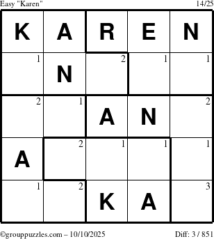 The grouppuzzles.com Easy Karen puzzle for Friday October 10, 2025 with the first 3 steps marked