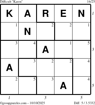 The grouppuzzles.com Difficult Karen puzzle for Friday October 10, 2025 with all 5 steps marked