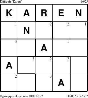 The grouppuzzles.com Difficult Karen puzzle for Friday October 10, 2025 with the first 3 steps marked