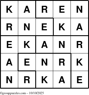 The grouppuzzles.com Answer grid for the Karen puzzle for Friday October 10, 2025