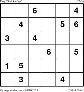 The grouppuzzles.com Easy Sudoku-6up puzzle for Friday October 10, 2025