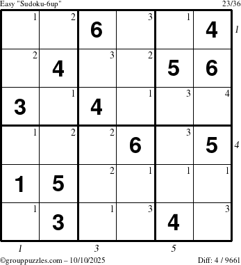 The grouppuzzles.com Easy Sudoku-6up puzzle for Friday October 10, 2025 with all 4 steps marked