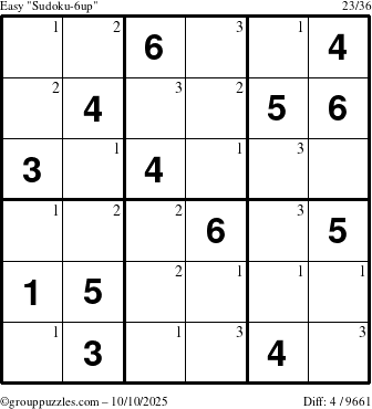 The grouppuzzles.com Easy Sudoku-6up puzzle for Friday October 10, 2025 with the first 3 steps marked