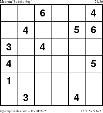 The grouppuzzles.com Medium Sudoku-6up puzzle for Friday October 10, 2025